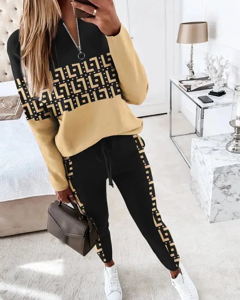 Ensemble deux pièces à imprimé noir et beige Greek Key