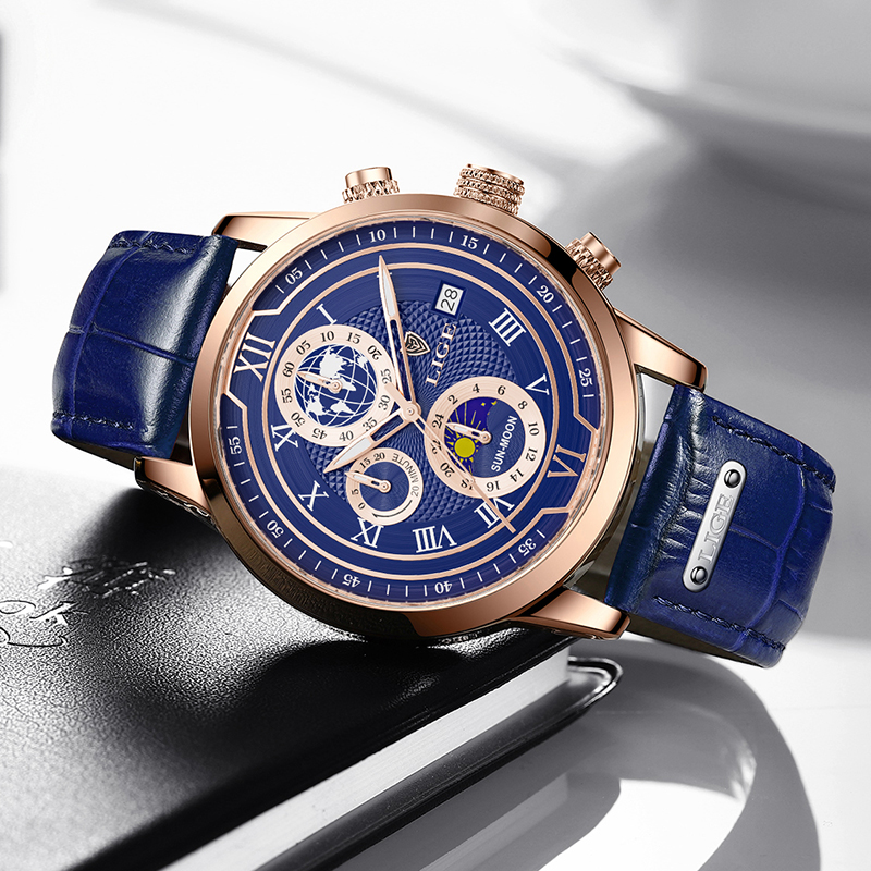 Montre chronographe avec bracelet en cuir haut de gamme