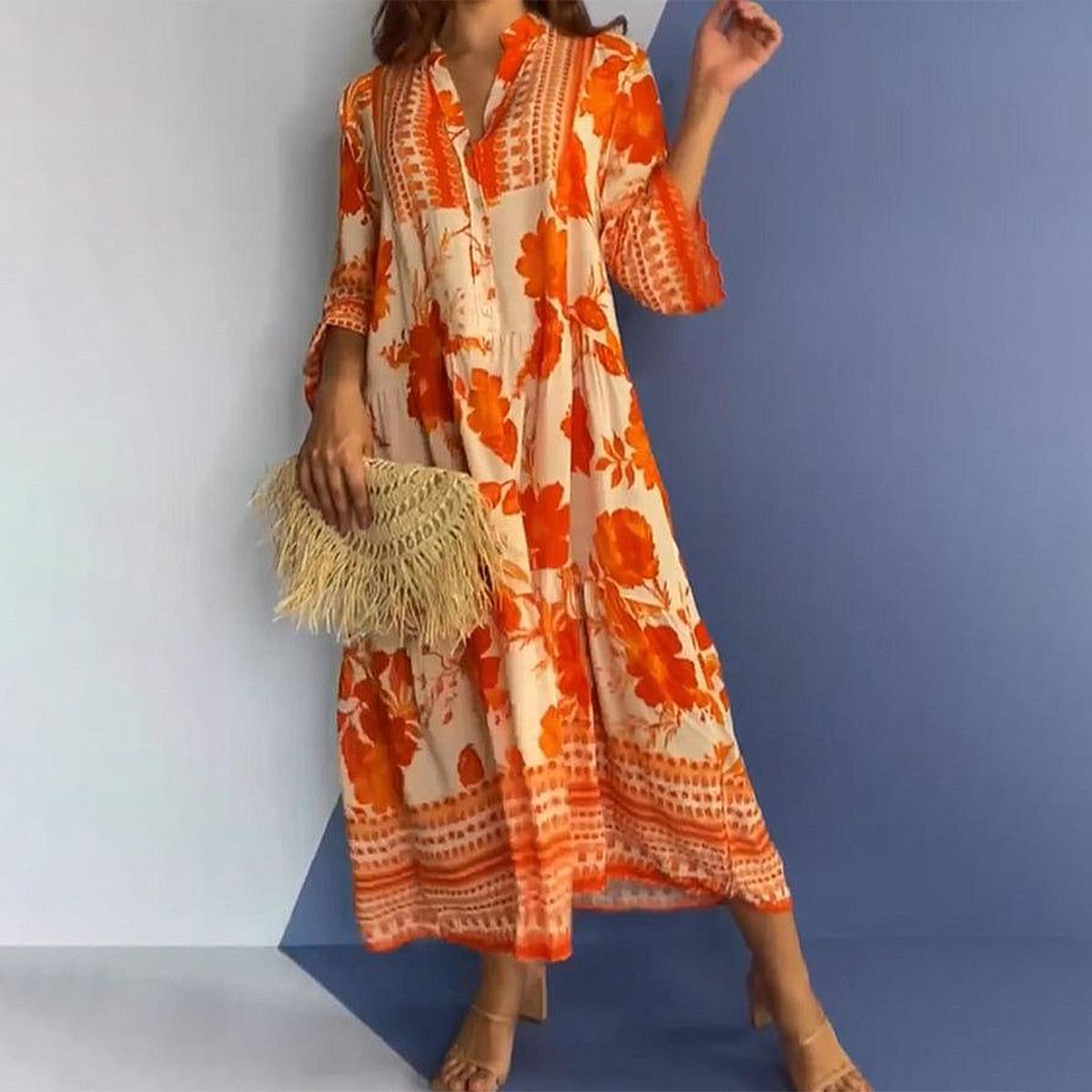 Robe mi-longue orange vif à col en V