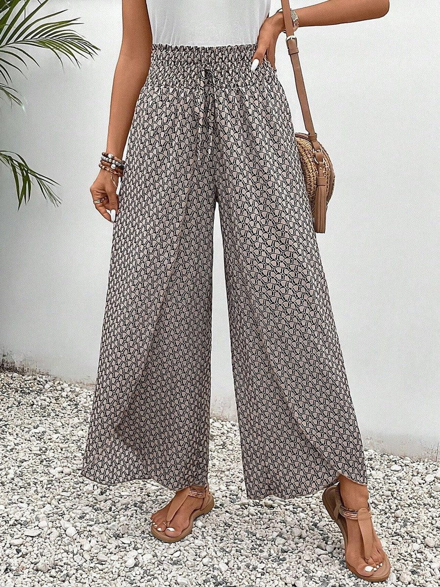 Pantalon marron imprimé à taille élastique avec cordon de serrage