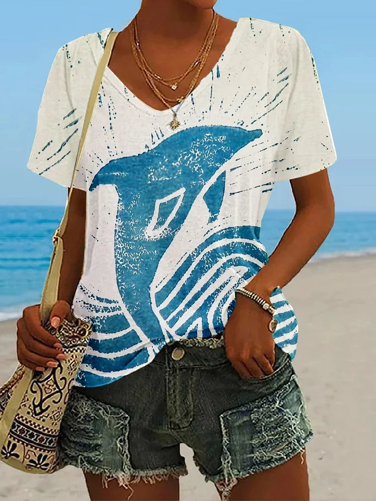 T-shirt à col rond avec motif artistique de dauphin pour femmes