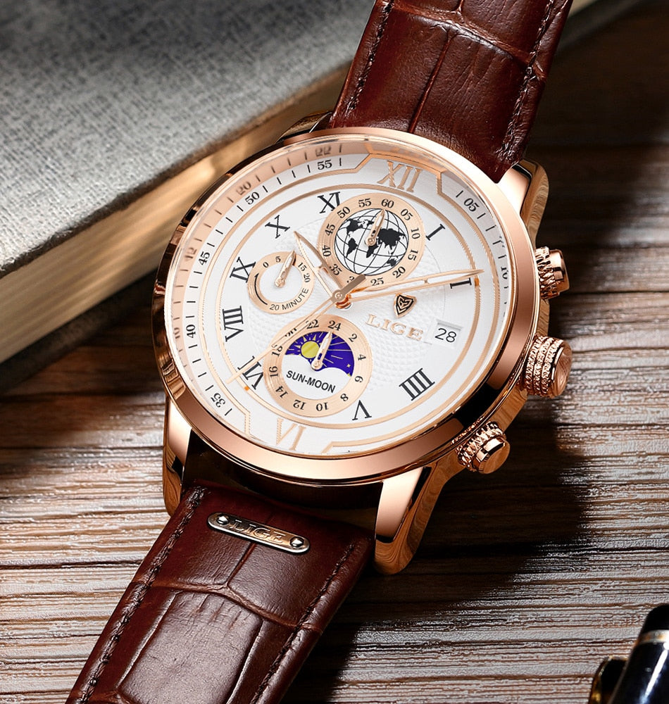 Montre chronographe avec bracelet en cuir haut de gamme
