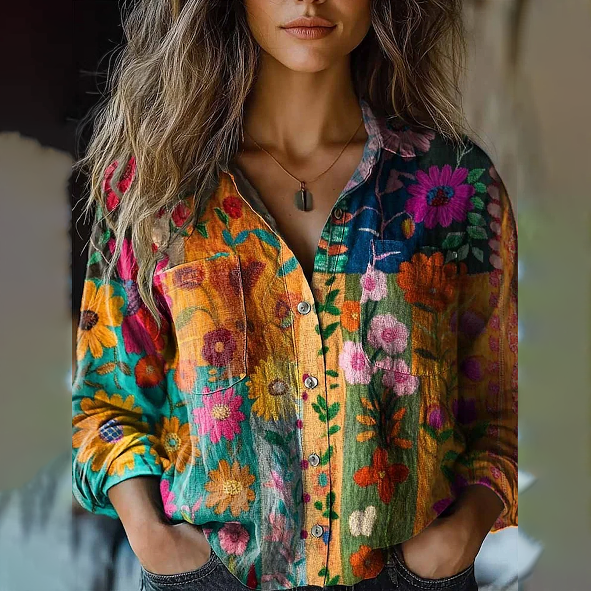 Chemise à manches longues et col imprimé floral voyante