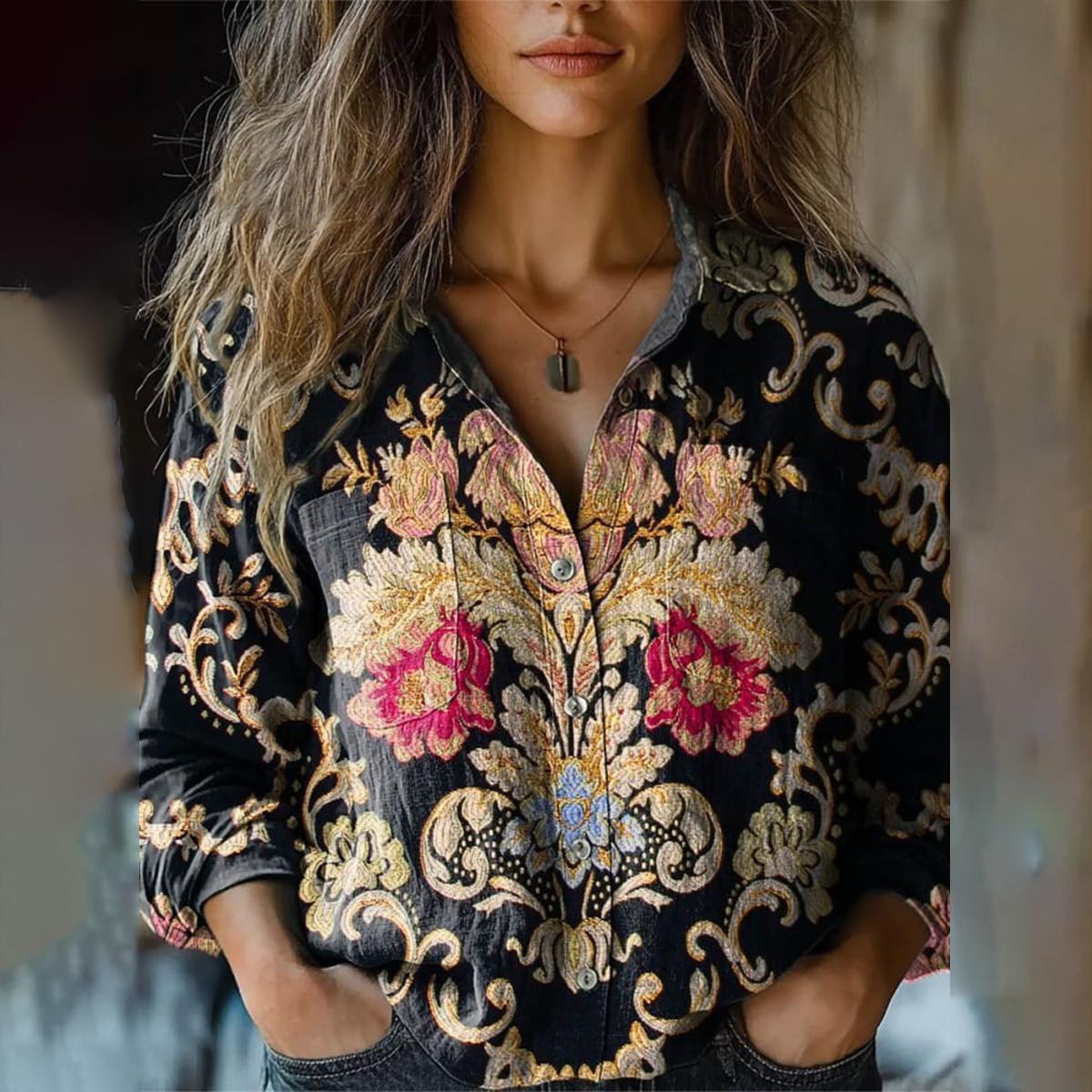 Superbe chemise à manches longues à imprimé floral et col