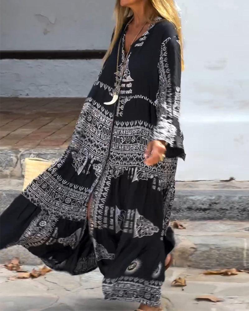 Robe longue tendance à col en V et manches cloche