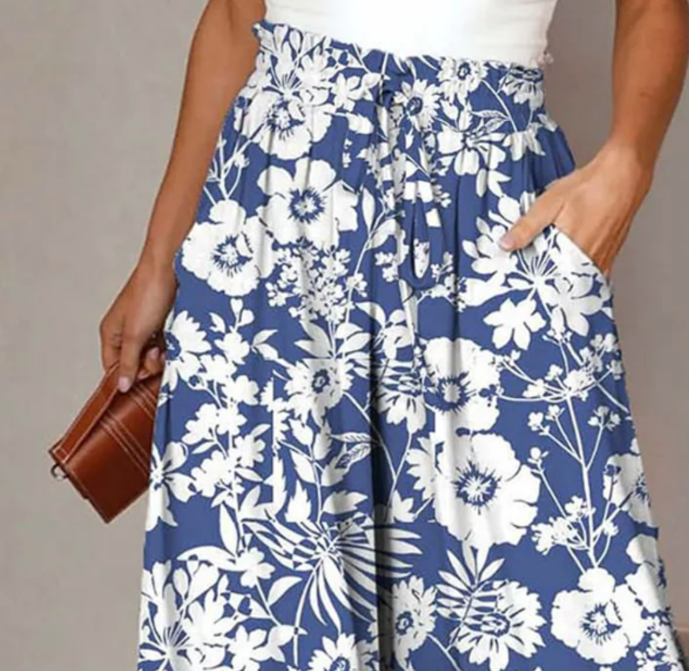 Pantalon taille élastique bleu frais à imprimé floral