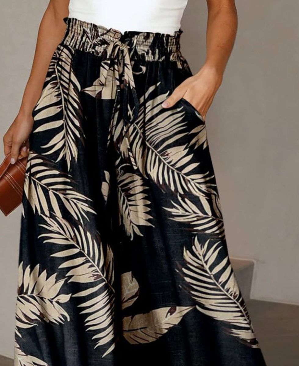 Pantalon populaire à poches latérales et imprimé végétal