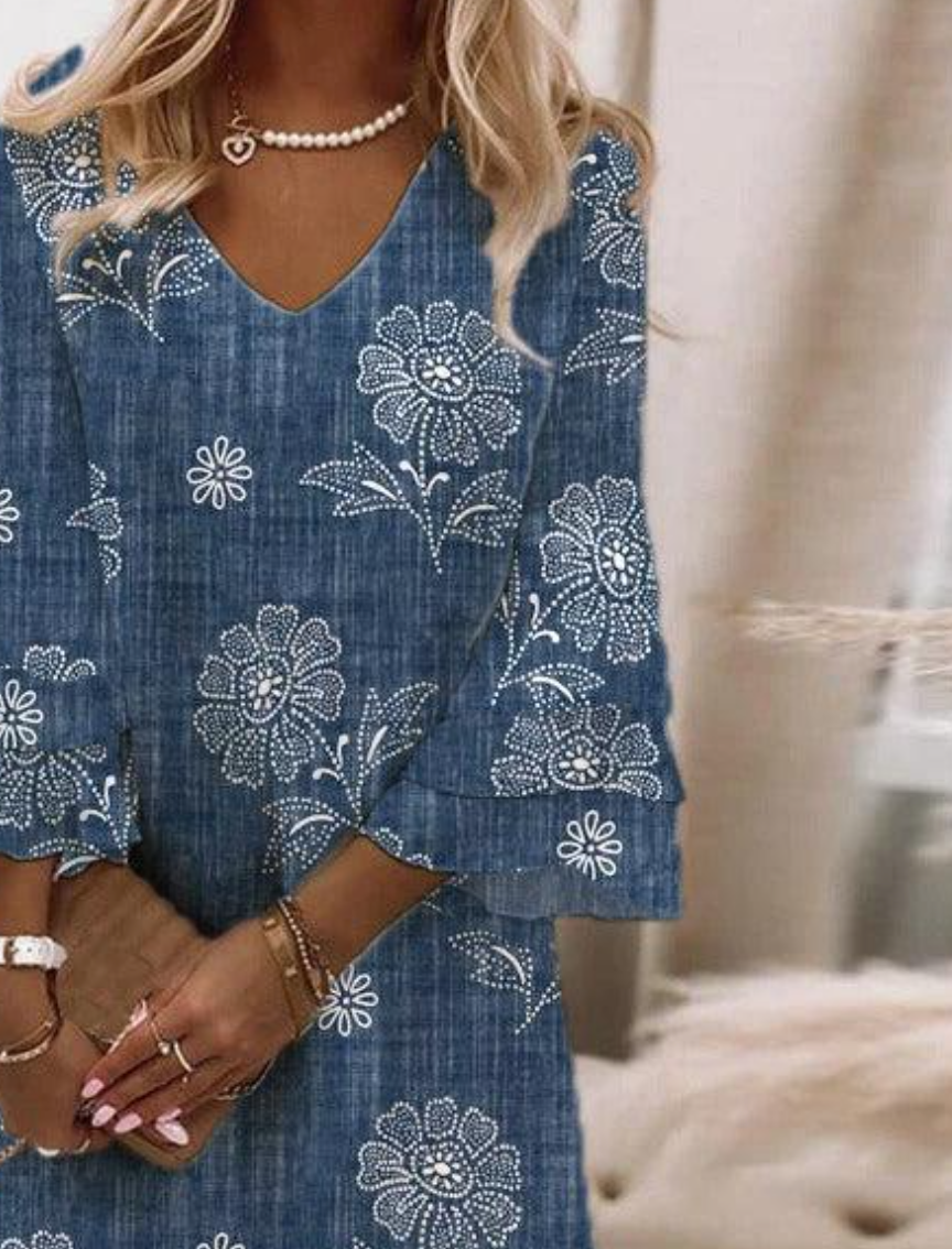 Anna Mini-robe bleue à imprimé floral, manches 3/4