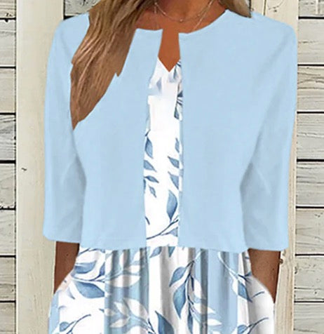 Robe midi unique à imprimé végétal bleu avec veste