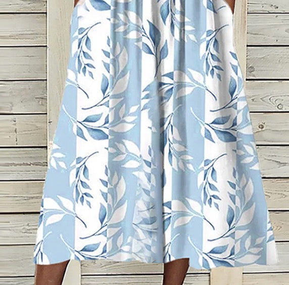 Robe midi unique à imprimé végétal bleu avec veste