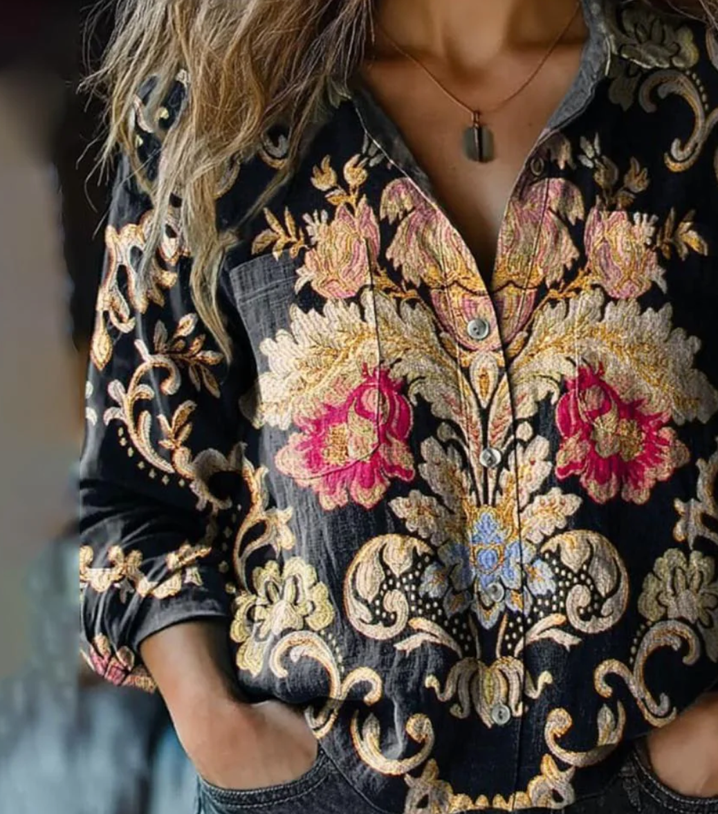 Superbe chemise à manches longues à imprimé floral et col