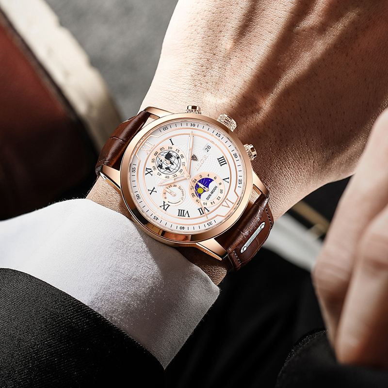 Montre chronographe avec bracelet en cuir haut de gamme