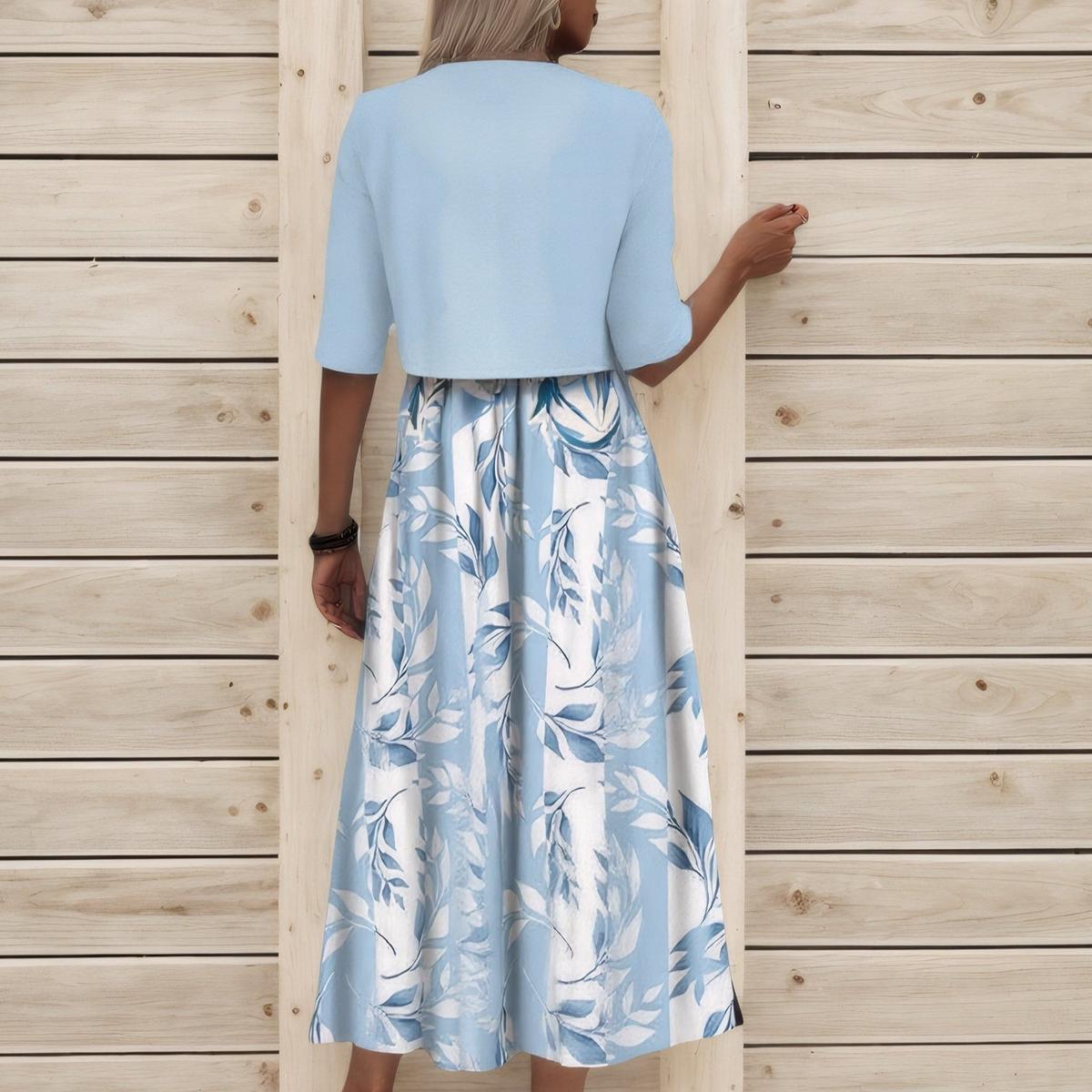 Robe midi unique à imprimé végétal bleu avec veste