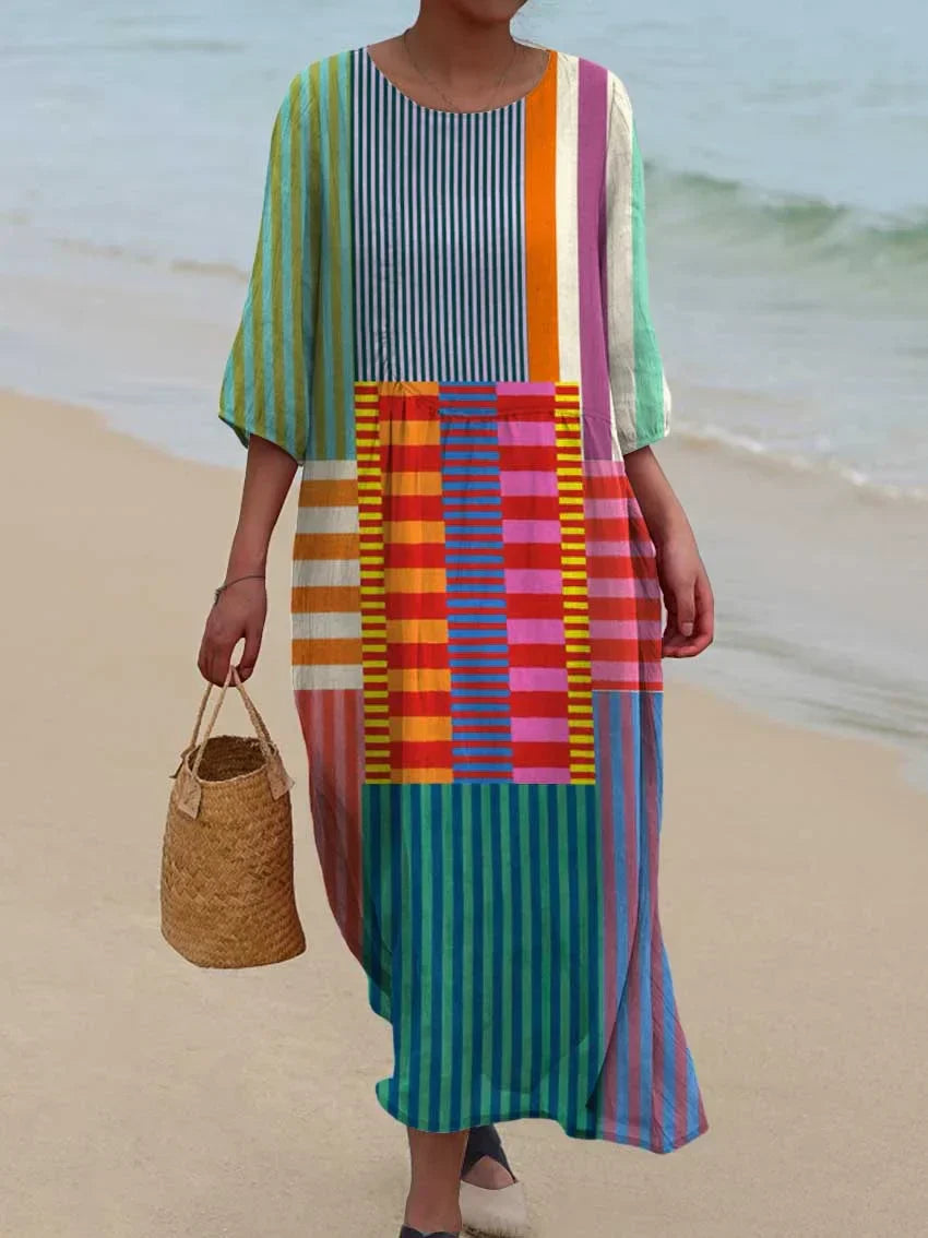 Robe en coton à imprimé artistique vintage à motif géométrique pour femme