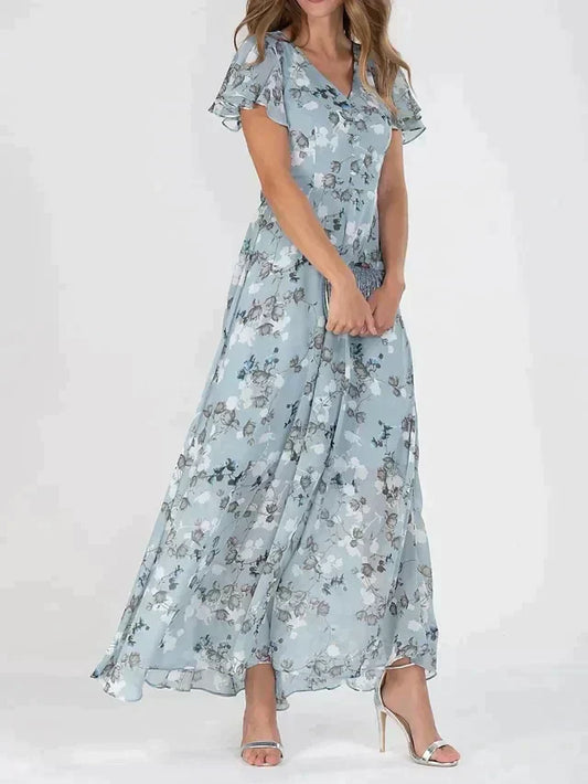 Marit | Robe longue élégante à col en V et motif floral