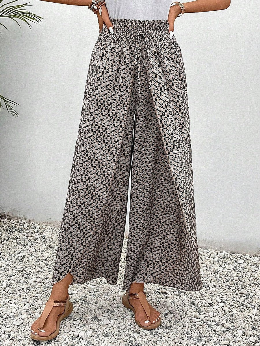 Pantalon marron imprimé à taille élastique avec cordon de serrage