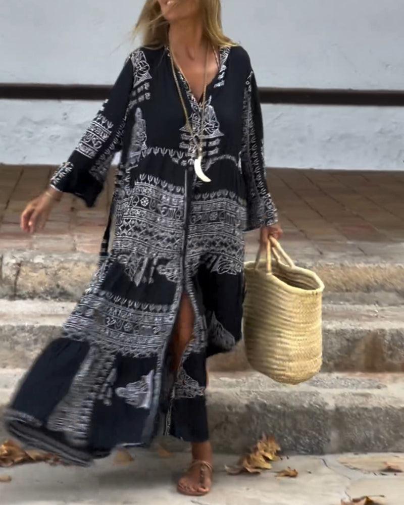 Robe longue tendance à col en V et manches cloche