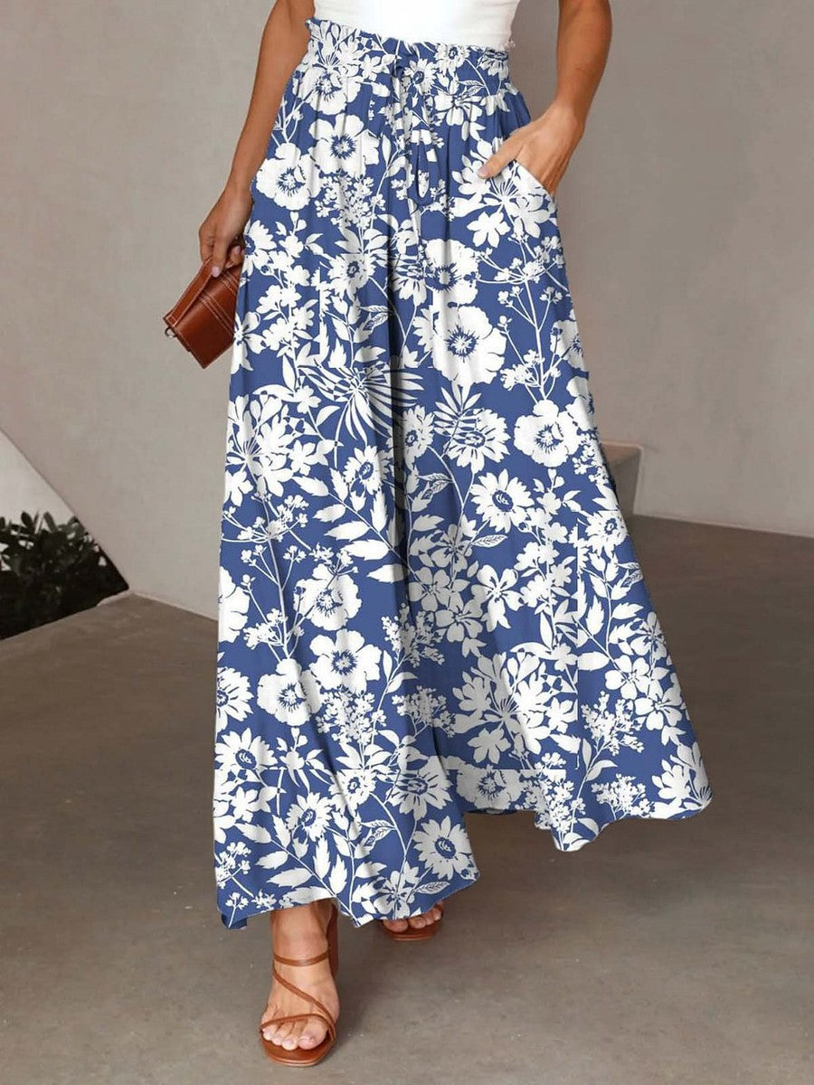 Pantalon taille élastique bleu frais à imprimé floral