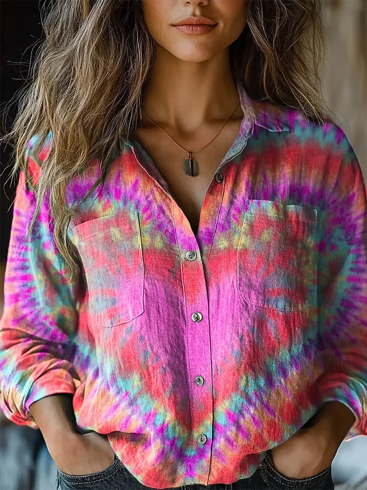 Chemise Femme Confortable en Coton à Manches Longues avec Imprimé Cœur Tie-Dye Coloré