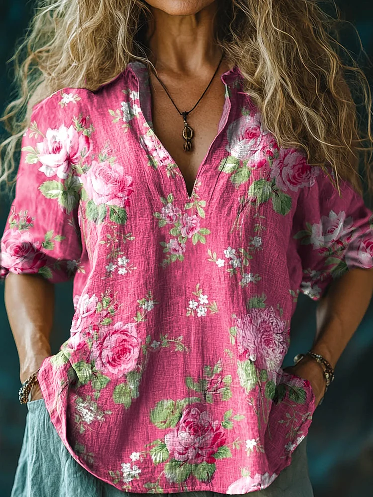 Chemise confortable en coton et lin à manches longues à motif rose pour femme