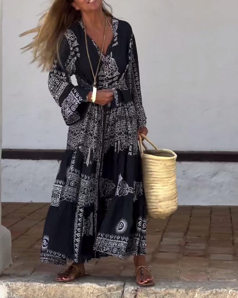 Robe longue tendance à col en V et manches cloche
