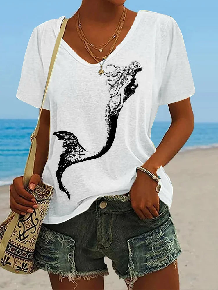 T-shirt à col en V à motif de croquis de sirène pour femmes