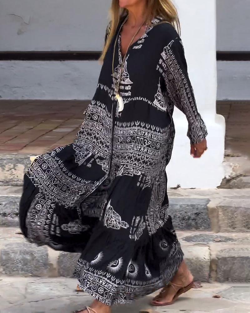 Robe longue tendance à col en V et manches cloche