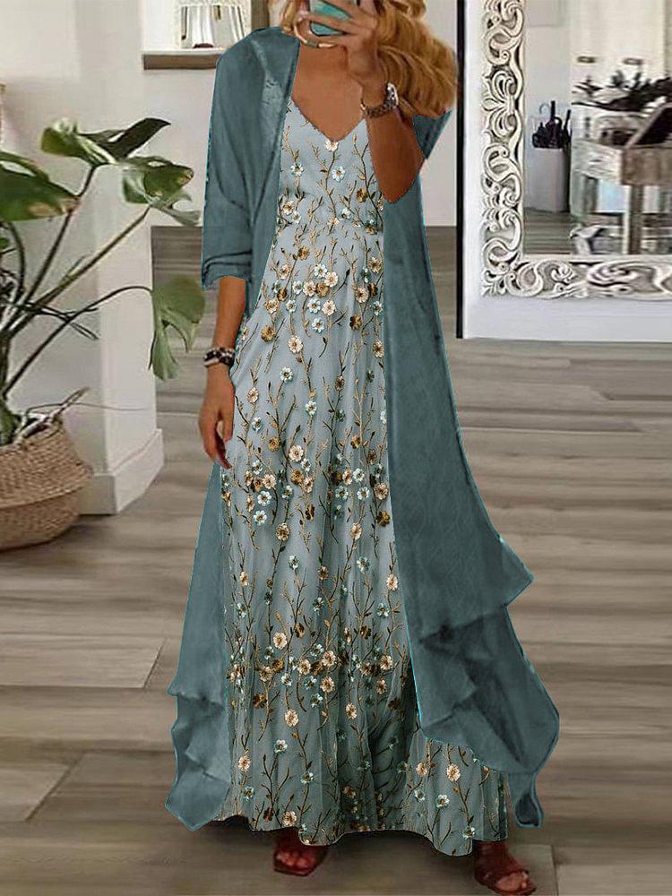 Robe longue à imprimé floral pour jeunes avec veste fine, tenues deux pièces