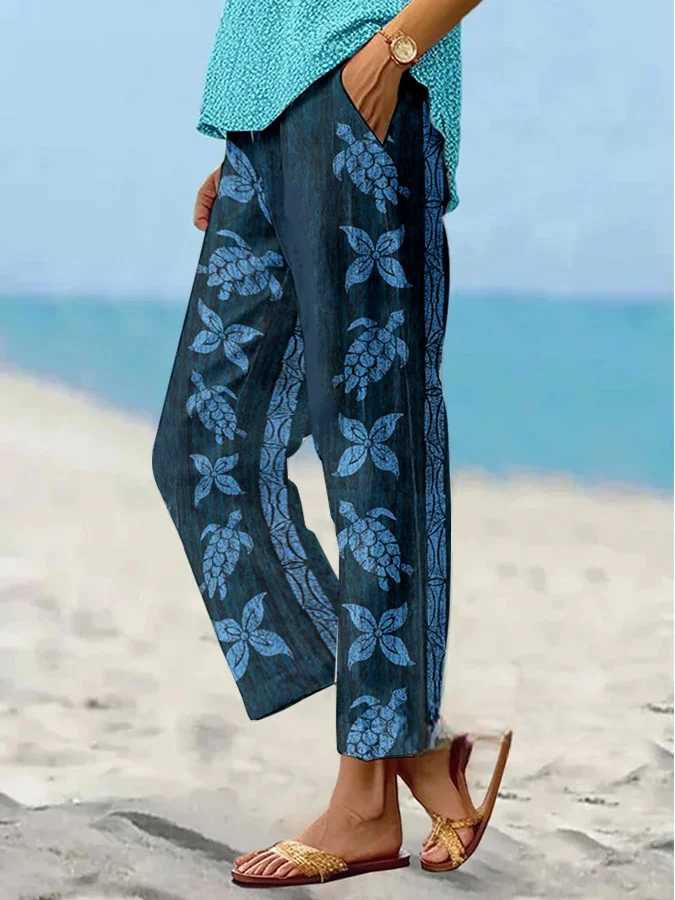 Pantalon décontracté à motif tortue pour femme (avec poches)