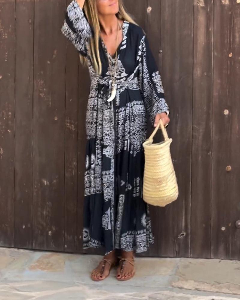 Robe longue tendance à col en V et manches cloche