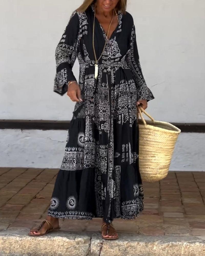 Robe longue tendance à col en V et manches cloche