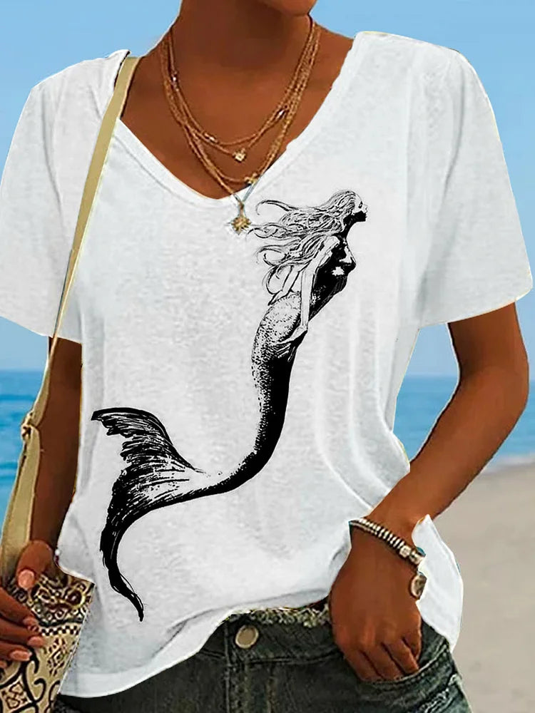 T-shirt à col en V à motif de croquis de sirène pour femmes