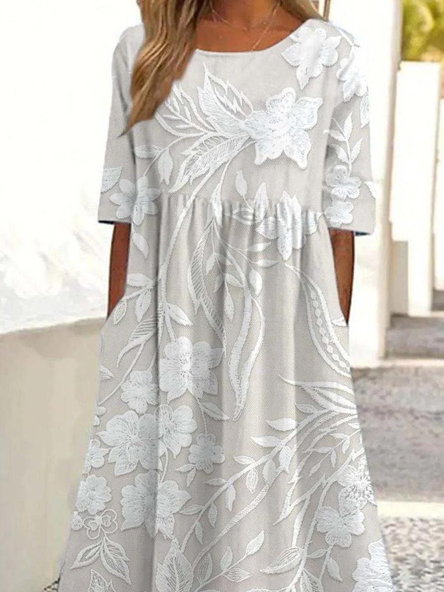 Robe midi basique à col rond et manches courtes