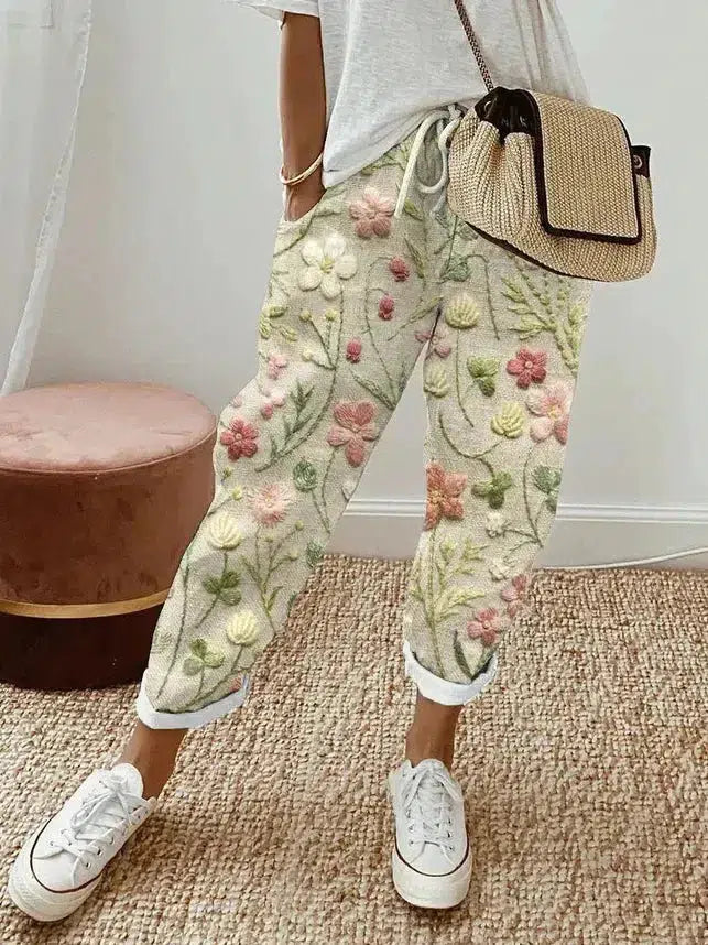 Pantalon à poche latérale imprimé plantes fraîches