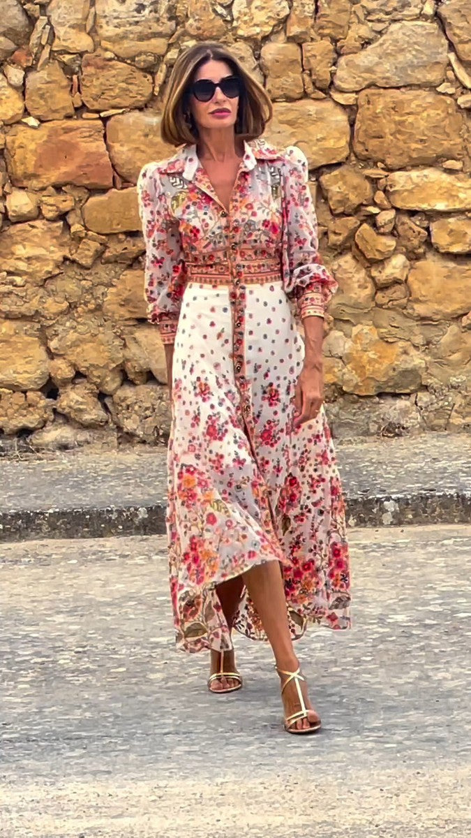 Robe longue élégante à col imprimé floral