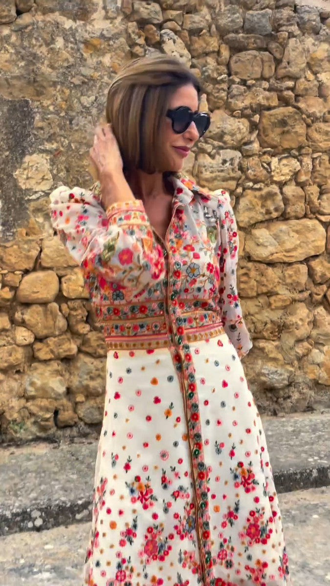 Robe longue élégante à col imprimé floral
