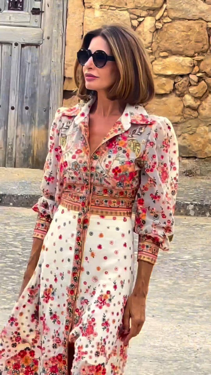 Robe longue élégante à col imprimé floral