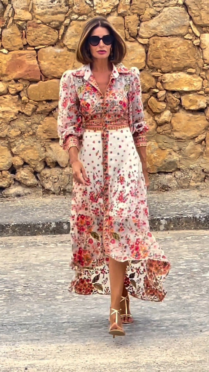Robe longue élégante à col imprimé floral