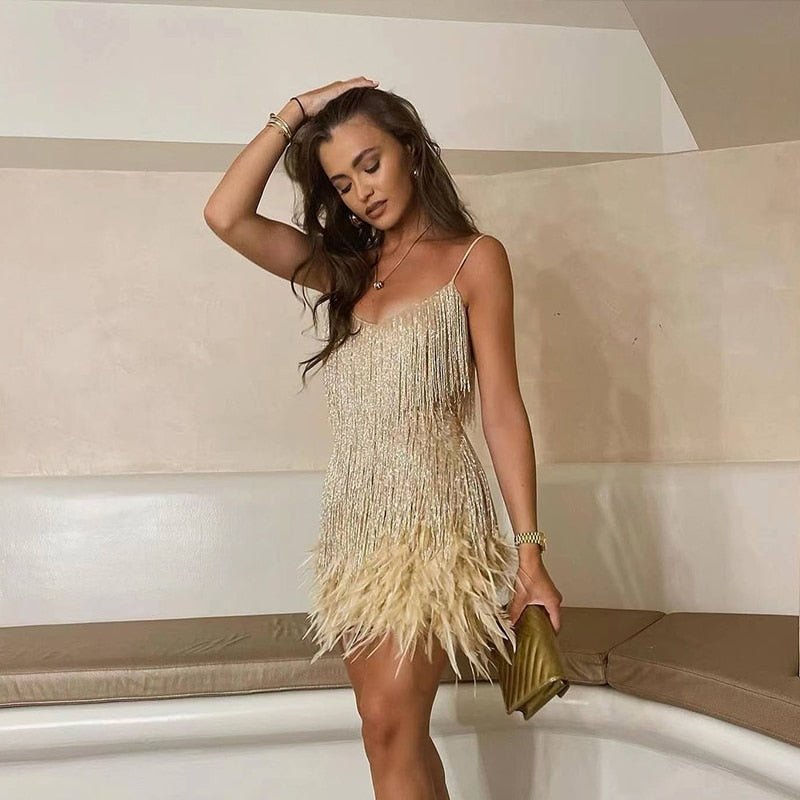 JOYCÈLE - ROBE DE SOIRÉE MODERNE À PLUMES