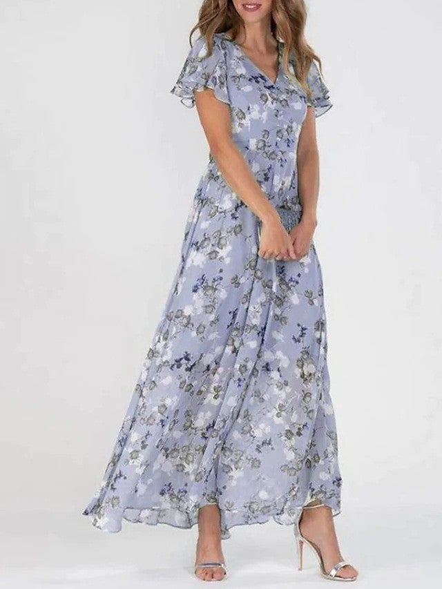 Marit | Robe longue élégante à col en V et motif floral