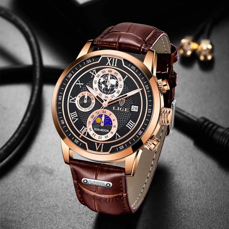 Montre chronographe avec bracelet en cuir haut de gamme
