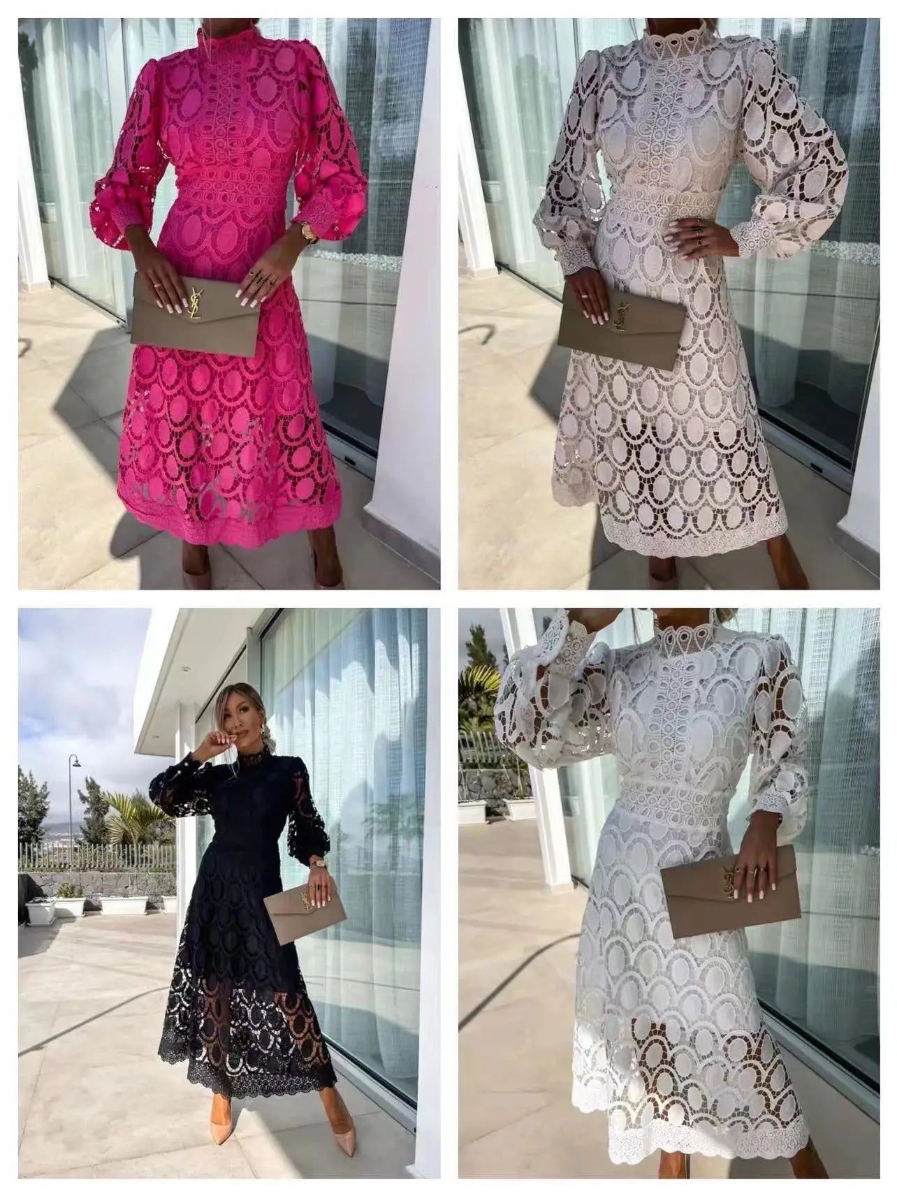 Blanca - Robe longue en dentelle à col haut et manches bouffantes