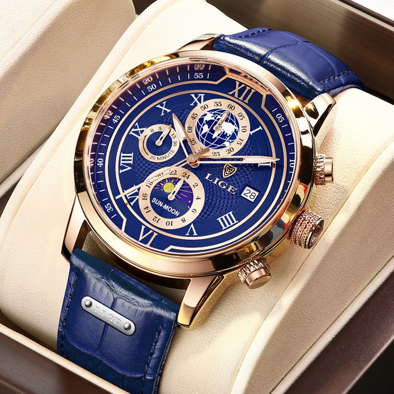 Montre chronographe avec bracelet en cuir haut de gamme