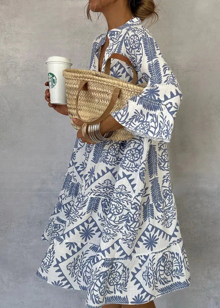 Gia Mini-robe bleue à col en V et manches 3/4