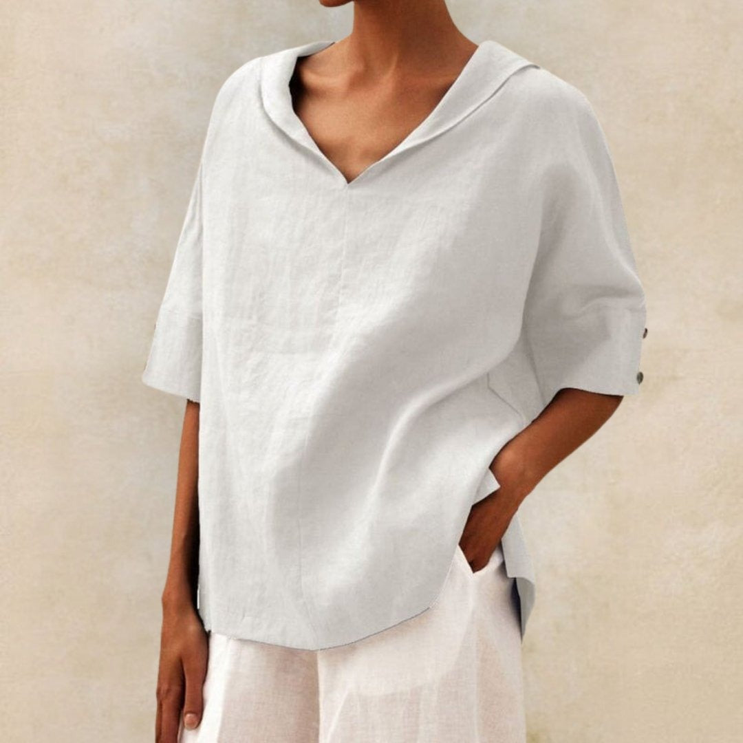 Michal - Chemise décontractée en lin à col en V pour femme