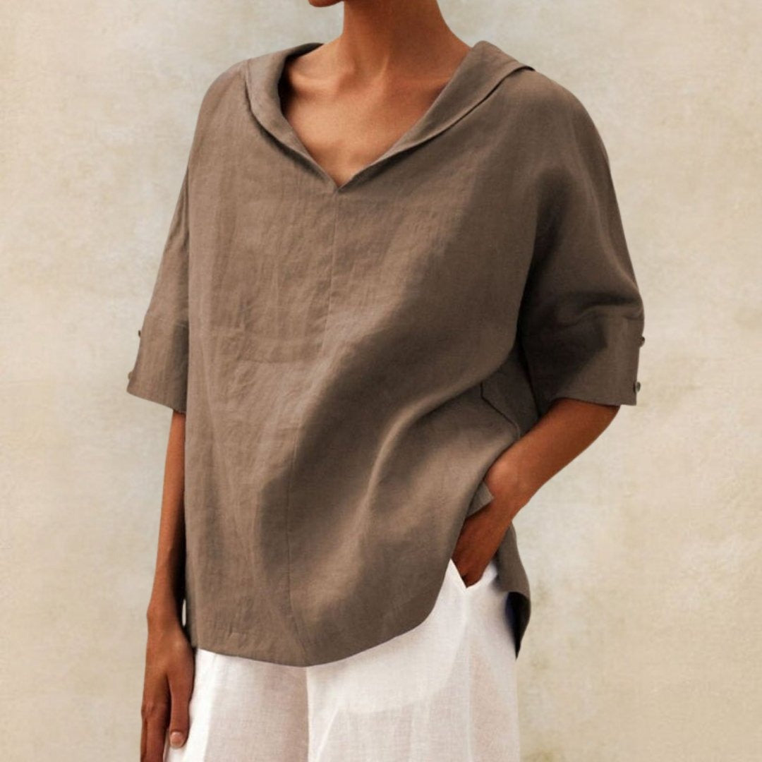 Michal - Chemise décontractée en lin à col en V pour femme