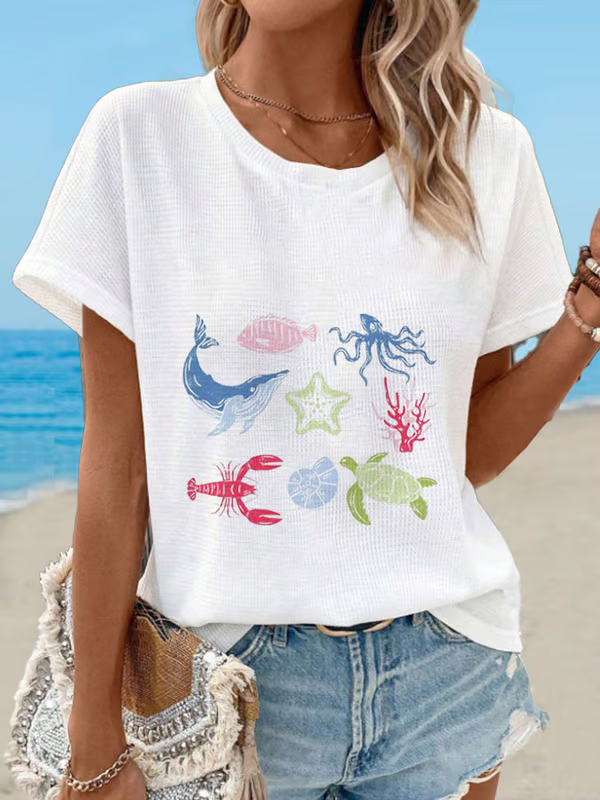 T-shirt à col rond à motif du monde sous-marin pour femmes