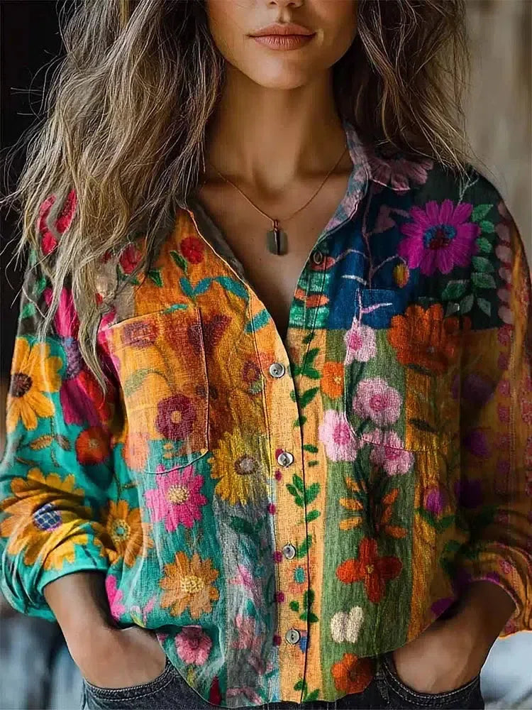 Chemise à manches longues et col imprimé floral voyante
