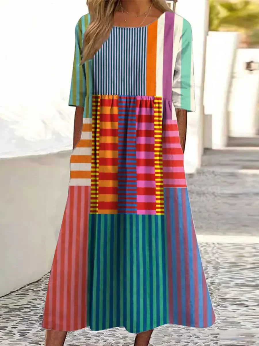 Robe en coton à imprimé artistique vintage à motif géométrique pour femme