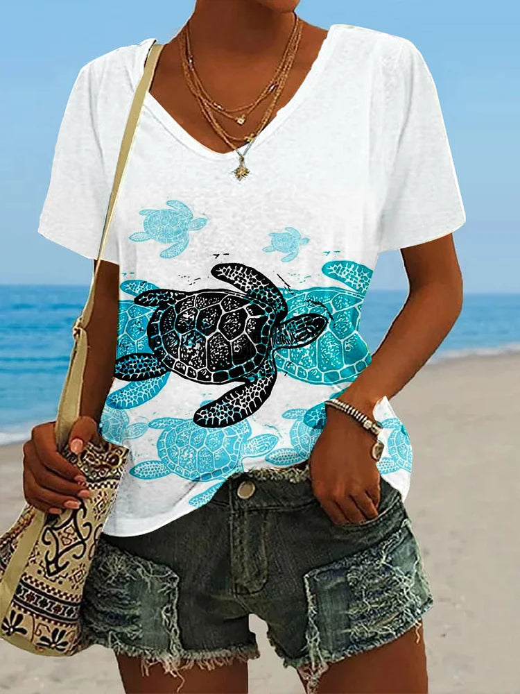 T-shirt Femme à Col en V avec Motif Tortues Marines Ludiques